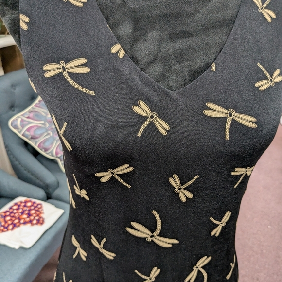 1990s Vintage SMALL Black Dress with Gold Dragonfly Pattern - Picture 3 of 4